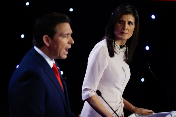 DES MOINES, IOWA - JANUARY 10: Republican presidential candidates Florida Gov. Ron DeSantis and former U.N. Ambassador Nikki Haley participate in the CNN Republican Presidential Primary Debate in Shes ...