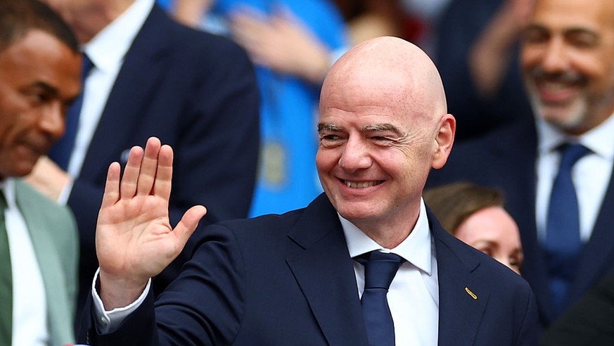 MIAMI GARDENS, FLORIDA - JULY 11: FIFA President Gianni Infantino gestures ahead of the FIFA World Cup 2026 Quarter Final match between Norway and England at Miami Stadium on July 11, 2026 in Miami Ga ...