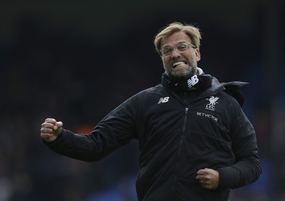 Liverpool&#039;s manager Jurgen Klopp celebrates towards his teams fans after their English Premier League soccer match between Crystal Palace and Liverpool at Selhurst Park stadium in London, Saturda ...