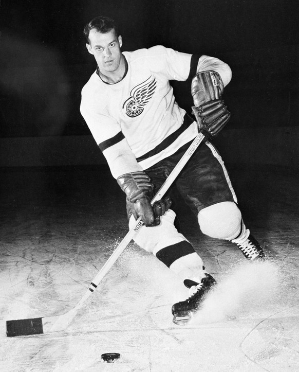 This is a 1956 photo showing Detroit Red Wings hockey player Gordie Howe. Gordie Howe, the hockey great who set scoring records that stood for decades, has died. He was 88. Son Murray Howe confirmed t ...