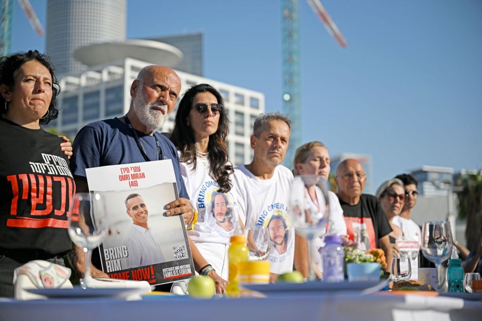 TEL AVIV, ISRAEL - OCTOBER 20: Families of the hostages participate in a special ‘Kabalat Shabbat,’ (welcoming the Shabbat) prayer service next to a &quot;Shabbat Dinner&quot; table set up in the Tel  ...