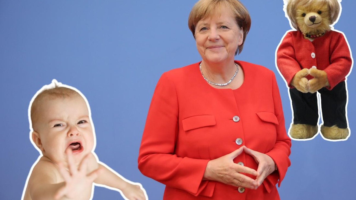 Es gibt einen Teddybär im Konterfei von Angela Merkel