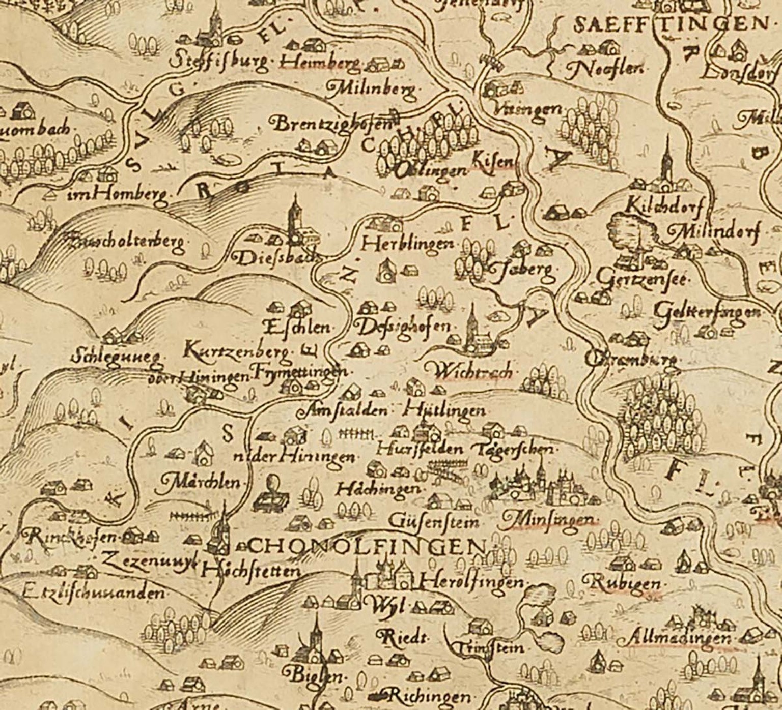 Les collines du Buchholterberg et l’église de Diessbach, représentées sur une carte de l’État de Berne, 1672.
https://www.e-rara.ch/bes_1/doi/10.3931/e-rara-76375