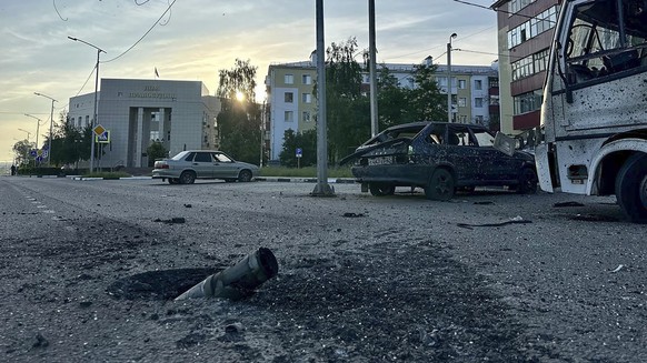 epa10664803 A handout photo made available by the Governor of Russia&#039;s Belgorod region Vyacheslav Gladkov on his Telegram channel shows the aftermath of Ukrainian shelling in the border town of S ...