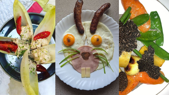 Les plats de gauche et de droite sont ceux du chef Leroy. Celui du milieu est issu de la fertile imagination d'un Tweetos. Bon appétit!