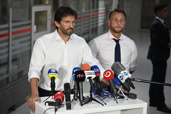 Deputy Prime Minister and Defence Minister of Slovakia Robert Kalinak speaks during a joint press conference with Slovakia&#039;s Interior Minister Matus Sutaj Estok, right, at the F. D. Roosevelt Uni ...
