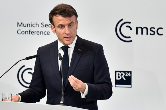 epa10472906 French President Emmanuel Macron speaks during opening of the 59th Munich Security Conference (MSC) in Munich, Germany, 17 February 2023. More than 500 high-level international decision-ma ...