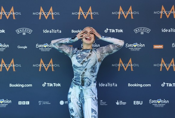 epa10614356 The entry from Iceland, Dilja arrives on the Turquoise Carpet for the Opening Ceremony of the 67th annual Eurovision Song Contest (ESC) at The Walker Art Gallery in Liverpool, Britain, 07  ...