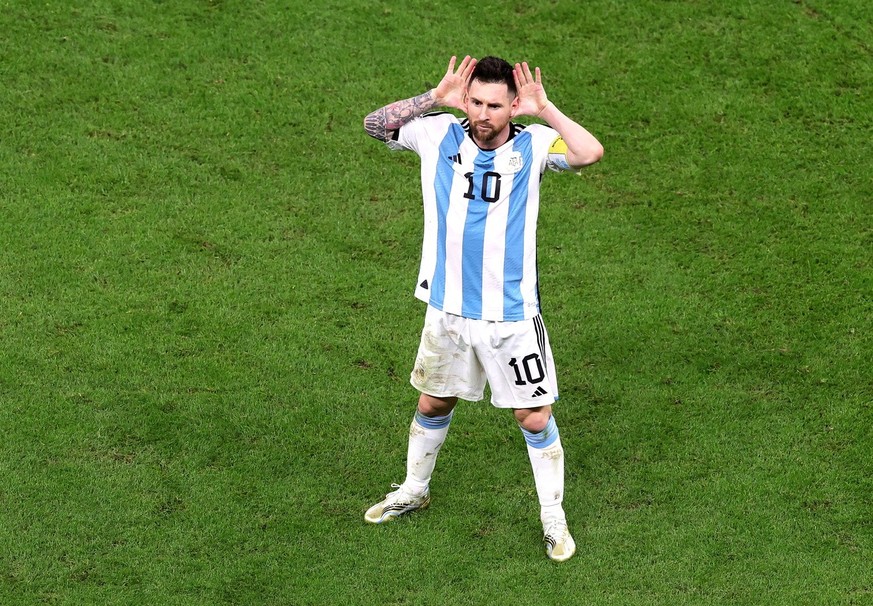 epa10358232 Lionel Messi of Argentina celebrates after scoring his team&#039;s second goal during the FIFA World Cup 2022 quarter final soccer match between the Netherlands and Argentina at Lusail Sta ...