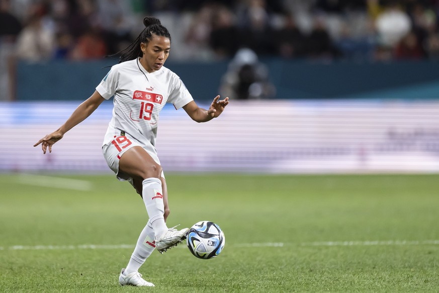 Switzerland&#039;s defender Eseosa Aigbogun plays a ball during the FIFA Women&#039;s World Cup 2023 soccer match between Switzerland and Philippines at the Dunedin stadium in Dunedin, New Zealand on  ...