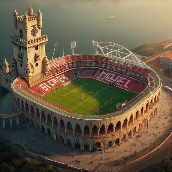 L'Estádio da Luz bordé par le Tage et surplombé par la célèbre tour de Belém, construite au 16e siècle par le roi Manuel Ier de Portugal pour garder l'entrée du port de Lisbonne.