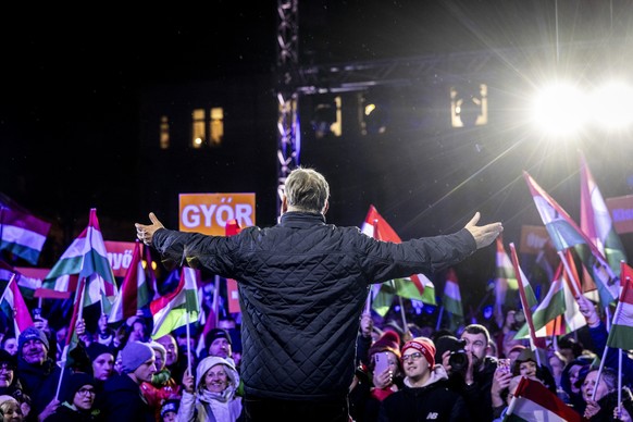 epa12855272 A handout photo made available by the Hungarian PM's General Department of Communication shows Hungarian Prime Minister Viktor Orban, leader of the ruling Fidesz party, speaking durin ...