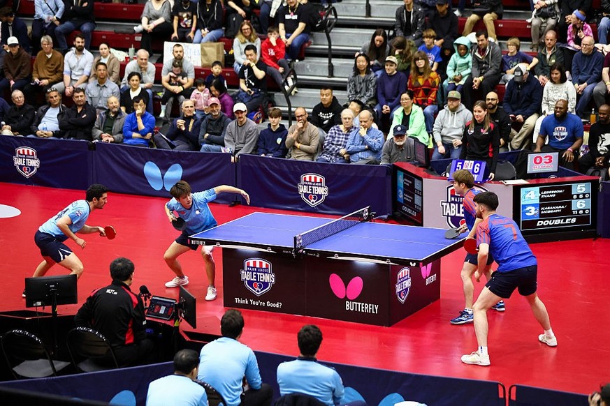 PHILADELPHIA, PENNSYLVANIA - APRIL 12: Sean Zhang of the Chicago Wind competes with Emmanuel Lebesson against the Texas Smash during the Major League Tennis Championship on April 12, 2025 in Philadelp ...