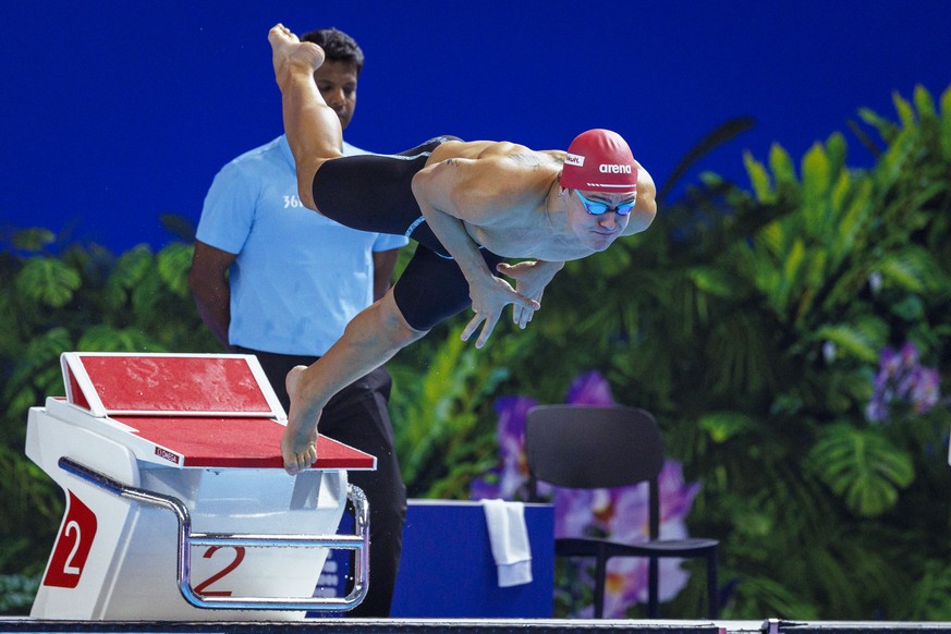 Swiss swimmer Gian-Luca Gartmann competes in the Men&#039;s 50m Breaststroke Heats during the World Aquatics Swimming Championships (50m) in Singapore, Singapore, Tuesday, July 29, 2025. (KEYSTONE/Pat ...