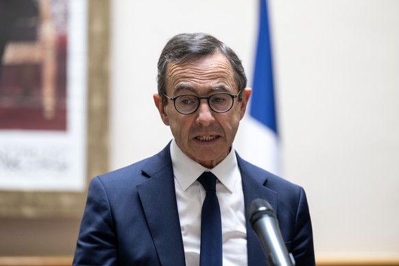 epa12031725 French Interior Minister Bruno Retailleau attends a press conference with Moroccan Interior Minister Abdelouafi Laftit (not pictured) following their meeting in Rabat, Morocco, 14 April 20 ...