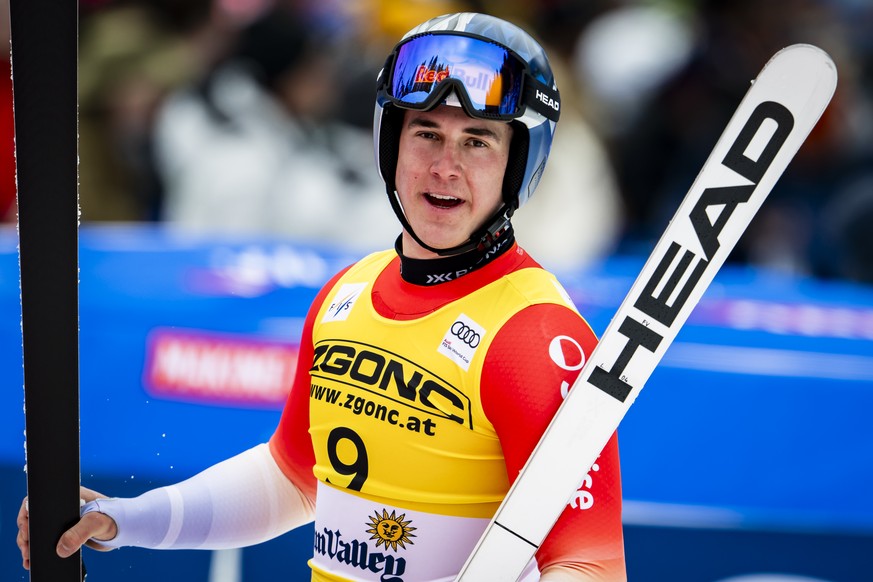 Franjo von Allmen of Switzerland reacts in the finish area during the men&#039;s Super-G race at the FIS Alpine Ski World Cup Finals, in Sun Valley Resort, Idaho, United States, Sunday, March 23, 2025 ...