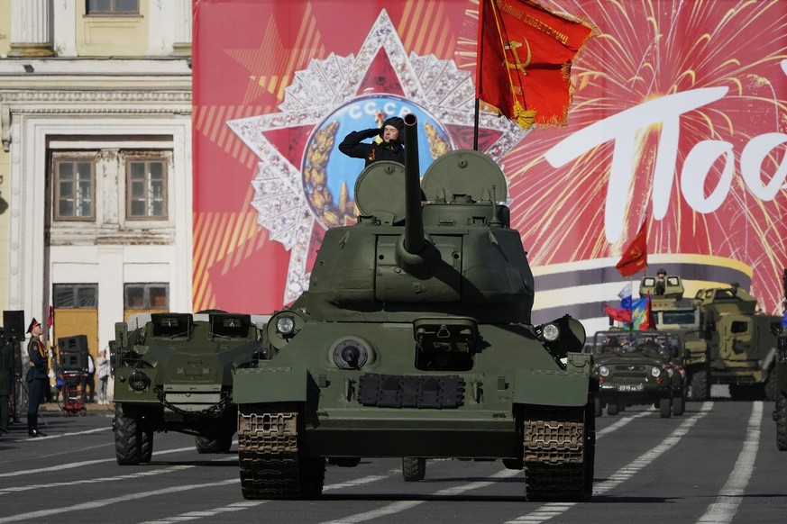 A World War II ages Soviet army T-34 tank rolls during a rehearsal for the Victory Day military parade which will take place at Dvortsovaya (Palace) Square on May 9 to celebrate 79 years after the vic ...
