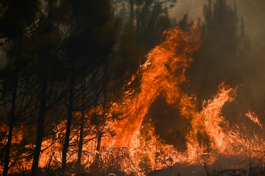 epa10077930 Flames rise at a forest fire near Louchats, some 35kms from Landiras in Gironde, southwestern France, 18 July 2022. The intense mobilisation of firefighters did not help to subdue the fire ...