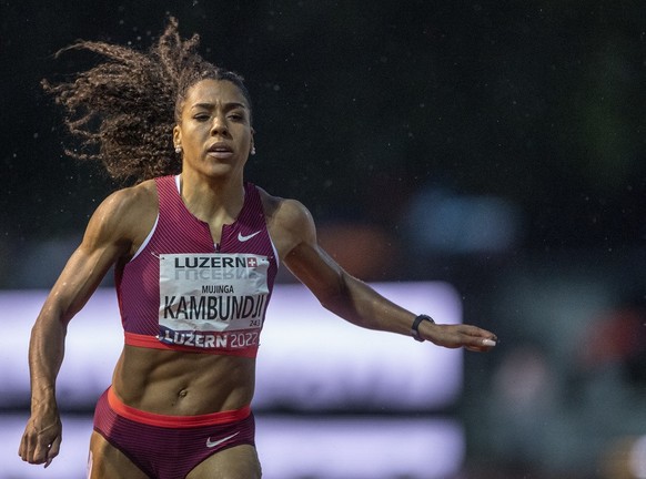 Mujinga Kambundji from Switzerland during the Women 100m race at the International Athletics Meeting in Lucerne, Switzerland, Tuesday, August 30, 2022. (KEYSTONE/Urs Flueeler)