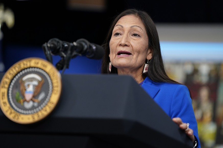 FILE - Interior Secretary Deb Haaland speaks during a Tribal Nations Summit during Native American Heritage Month, in the South Court Auditorium on the White House campus, on Nov. 15, 2021, in Washing ...