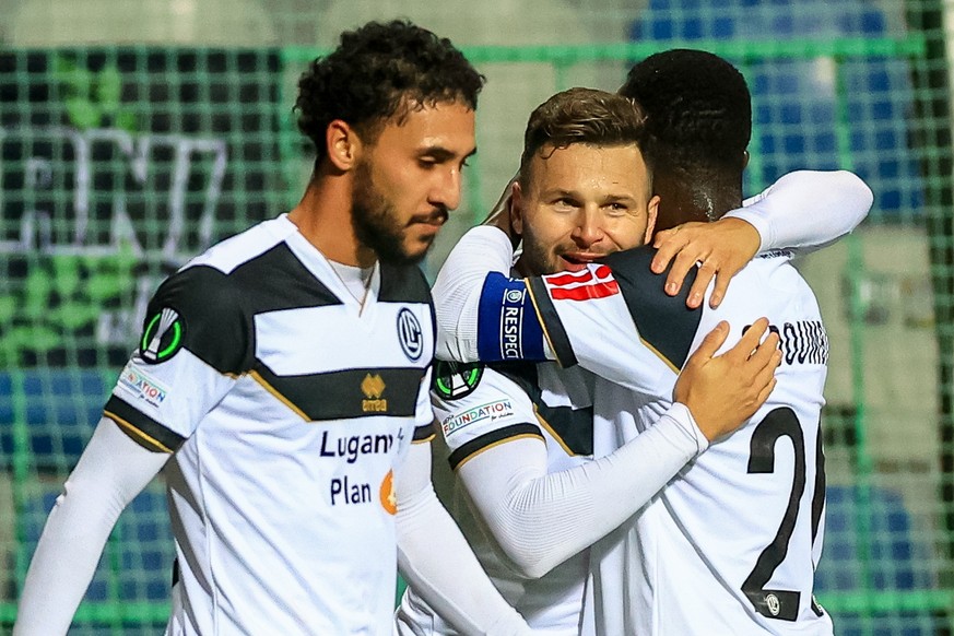 epa11681184 Renato Steffen of Lugano (C) celebrates with teammates after scoring during the UEFA Europa Conference League soccer match between FK Mlada Boleslav and FC Lugano, in Mlada Boleslav, Czech ...