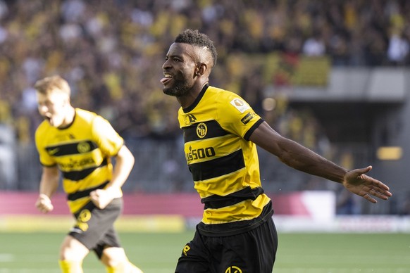 YB&#039;s Jean-Pierre Nsame feiert seinen Treffer zum 1-0 im Fussball Meisterschaftsspiel der Super League zwischen den Berner Young Boys und dem FC Basel, am Sonntag, 8. Oktober 2023, im Wankdorf Sta ...