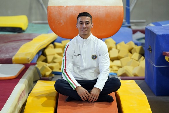 MILAN, ITALY - JANUARY 25: Lorenzo Bonicelli of Italy poses during the Italian team&#039;s 2024 European Artistic Gymnastics Championships press preview on January 25, 2024 in Milan, Italy. (Photo by  ...