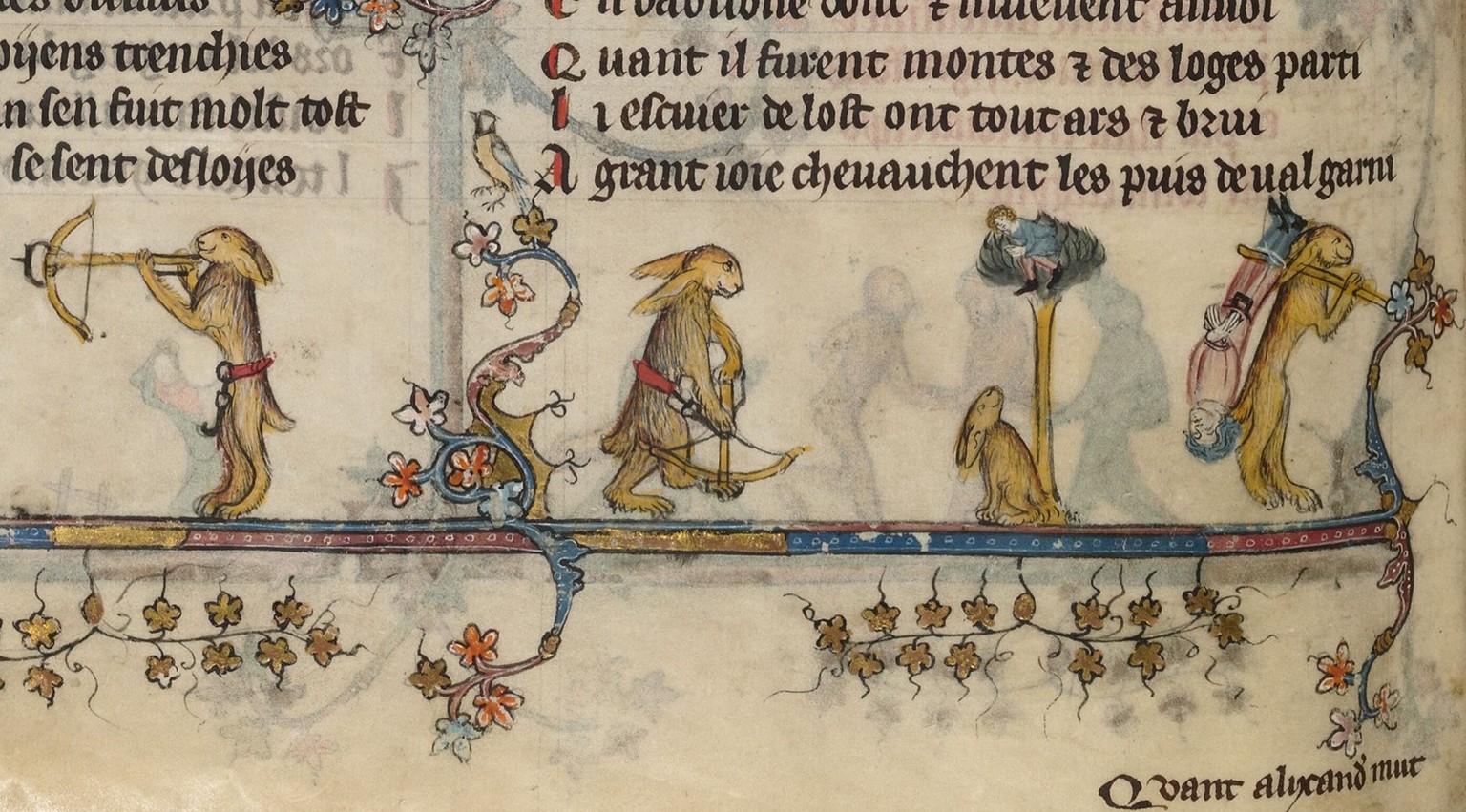 Le monde à l’envers: les marges du Roman d’Alexandre de 1338-1410 sont ornées de toutes sortes de scènes étranges, comme ici avec un lapin chassant des humains.
https://digital.bodleian.ox.ac.uk/objec ...