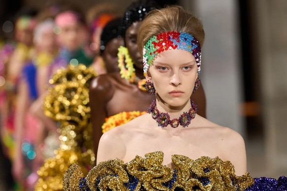 PARIS, FRANCE - JANUARY 30: (EDITORIAL USE ONLY - For Non-Editorial use please seek approval from Fashion House) A model walks the runway during the Germanier Haute Couture Spring-Summer 2025 show as  ...