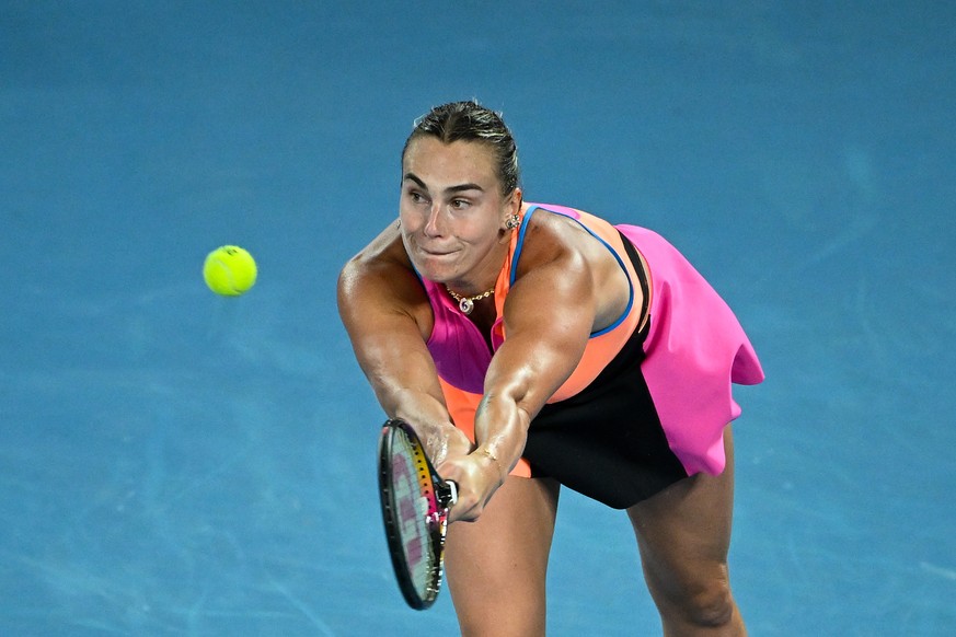 epa12694113 Aryna Sabalenka of Belarus in action during the Womens Singles final match against Elena Rybakina of Kazakhstan at the Australian Open tennis tournament in Melbourne, Australia, 31 Januar ...