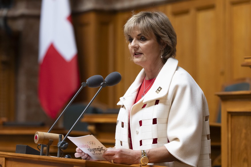 Swiss Olympic Praesidentin Ruth Metzler-Arnold spricht beim offiziellen Empfang der Olympia Teilnehmer, am Montag, 11. Mai 2026 im Bundeshaus in Bern. (KEYSTONE/Peter Klaunzer)