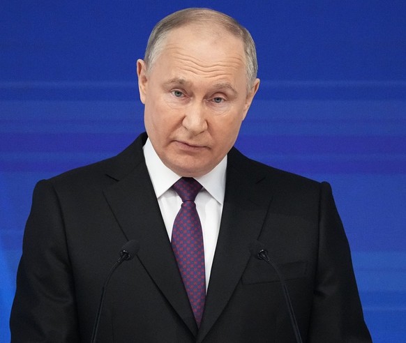 Russian President Vladimir Putin delivers his state-of-the-nation address in Moscow, Russia, Thursday, Feb. 29, 2024. (AP Photo/Alexander Zemlianichenko)