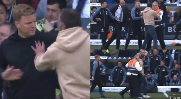 Eddie Howe (à gauche, entraîneur de Newcastle) agressé par un fan de Leeds.