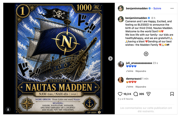 Cameron Diaz et Benji Madden ont annoncé la naissance de leur troisième enfant, un fils prénommé Nautas Madden, sur Instagram.