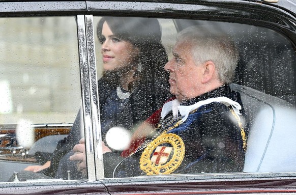 LONDON, ENGLAND - MAY 06: Prince Andrew, Duke of York and Princess Eugenie depart Westminster Abbey after the Coronation of King Charles III and Queen Camilla on May 06, 2023 in London, England. The C ...