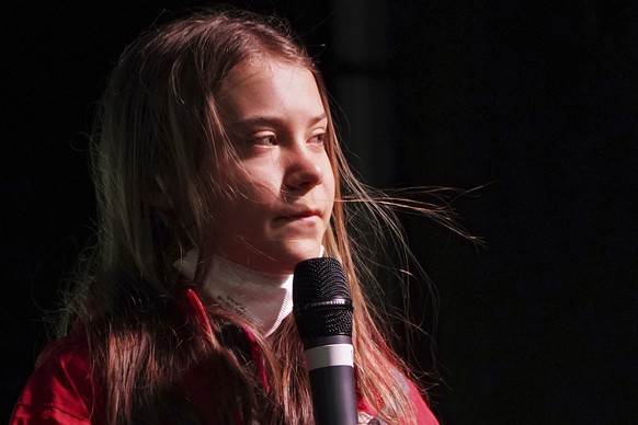 Swedish climate activist Greta Thunberg speaks on the stage of a demonstration in Glasgow, Scotland, Friday, Nov. 5, 2021 which is the host city of the COP26 U.N. Climate Summit. The protest was takin ...