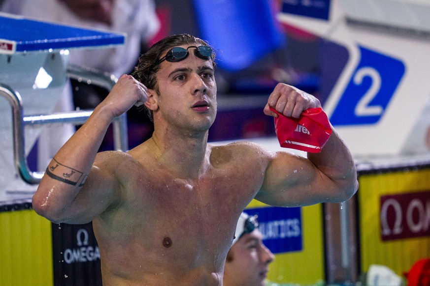 Swiss Swimmer Noe Ponti celebrates after winning in the Men's 200m Butterfly Final during the European Aquatics Short Course Swimming Championships in Lublin, Poland, Sunday, Dec. 7, 2025. (KEYST ...