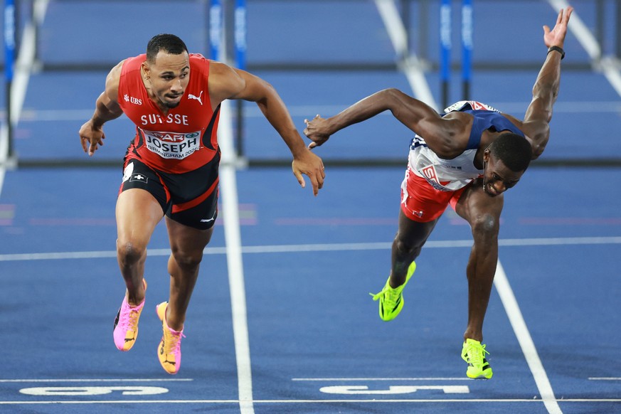 Switzerland's Jason Joseph, left, crosses the finish line in the men's 110 meters hurdles final at the European Athletics Championships in Birmingham, England, Wednesday, Aug. 12, 2026. (AP  ...