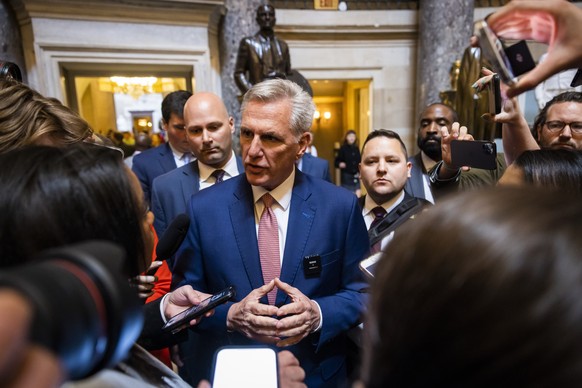 epaselect epa10663729 Republican Speaker of the House Kevin McCarthy speaks about opposition from his fellow Republicans to the tentative agreement between the White House and Congress to raise the de ...