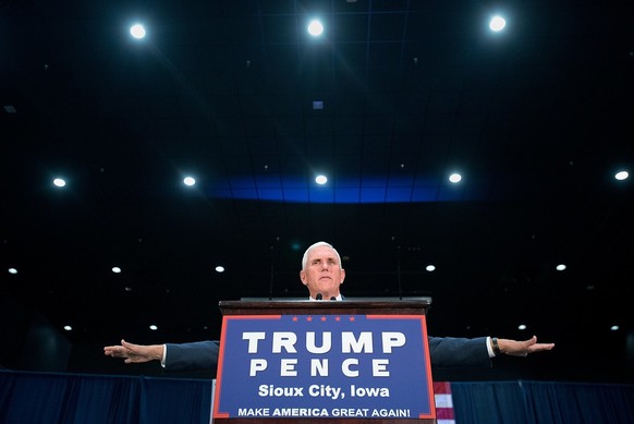 Republican vice presidential candidate Indiana Gov. Mike Pence speaks at Sioux City Convention Center in Sioux City, Iowa, Monday, Aug. 8, 2016. (Justin Wan/Sioux City Journal via AP)