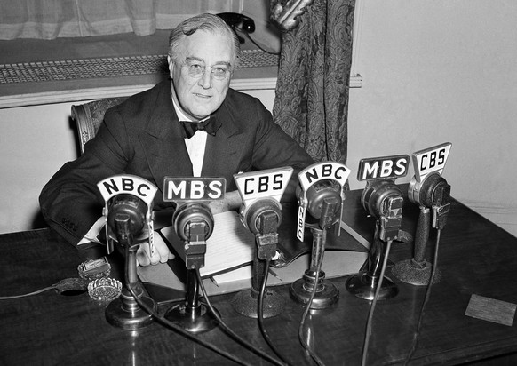FILE - President Franklin D. Roosevelt speaks on the radio from the Oval Room of the White House, Feb. 27, 1941. (AP Photo/Henry Griffin, File)
President Franklin D. Roosevelt