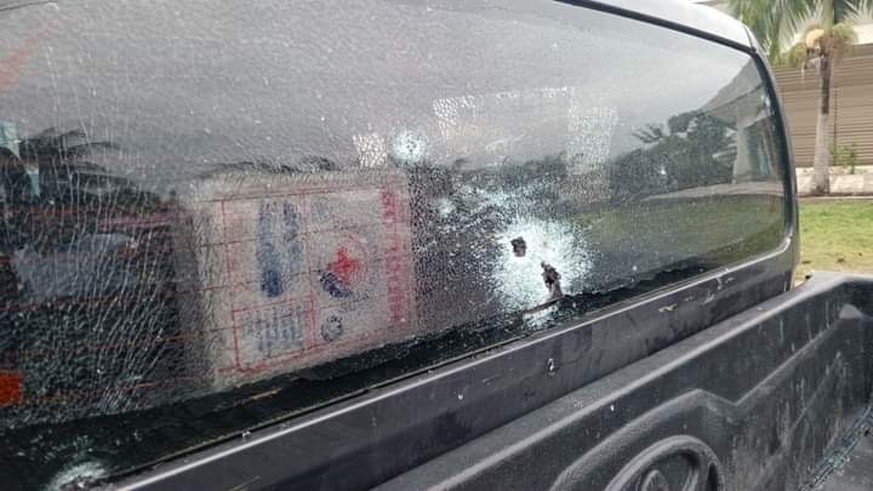 epa11687432 A handout photo made available by Radio Kawsachun Coca shows bullet holes on the vehicle that was transporting Bolivia