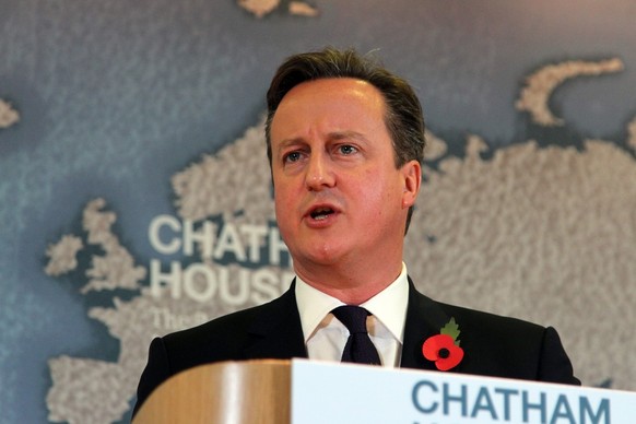 David Cameron, ancien Premier ministre britannique, lors d'un discours à Chatham House, à Londres, le 10 novembre 2015, au cours duquel expose les revendications du Royaume-Uni en vue du référend ...