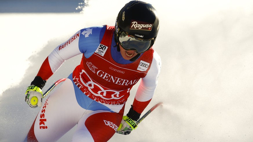Switzerland&amp;#039;s Lara Gut gets to the finish area after completing an alpine ski, women&amp;#039;s World Cup super-G, in Val d&amp;#039;Isere, France, Sunday, Dec. 18, 2016. (AP Photo/Giovanni A ...
