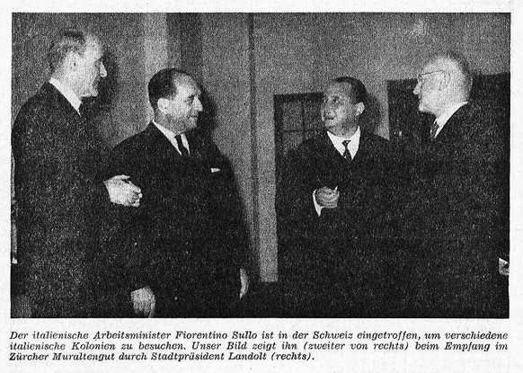 Fiorentino Sullo (deuxième à partir de la droite) lors de sa visite de travail en Suisse, 1961. Photo publiée dans le journal «Die Tat».
https://www.e-newspaperarchives.ch/?a=d&amp;d=DTT19611109-01.2. ...