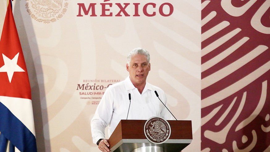 epa10462481 The president of Cuba Miguel Díaz-Canel, speaks during a diplomatic event in Campeche, Mexico, 11 February 2023. The president of Mexico, Andrés Manuel L