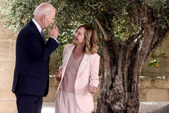 FASANO, ITALY - JUNE 13: Italy's Prime Minister Giorgia Meloni welcomes US President Joe Biden during the first day of the G7 meeting at Borgo Egnazia resort, on June 13, 2024 in Fasano, Italy. ( ...