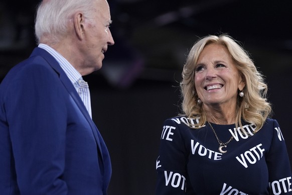 President Joe Biden, left, and first lady Jill Biden appear on stage at a campaign rally, Friday, June 28, 2024, in Raleigh, N.C. (AP Photo/Evan Vucci)
Joe Biden