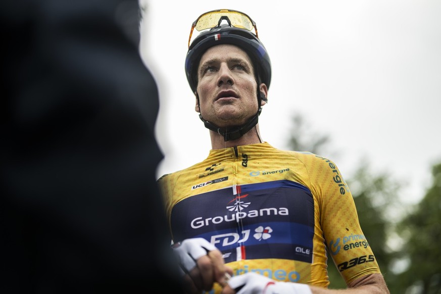 Stefan Kueng from Switzerland of Groupama FDJ after the third stage, a 143.8 km race from Tafers to Villars-sur-Ollon, at the 86th Tour de Suisse UCI World Tour cycling race, on Monday, June 12, 2023. ...