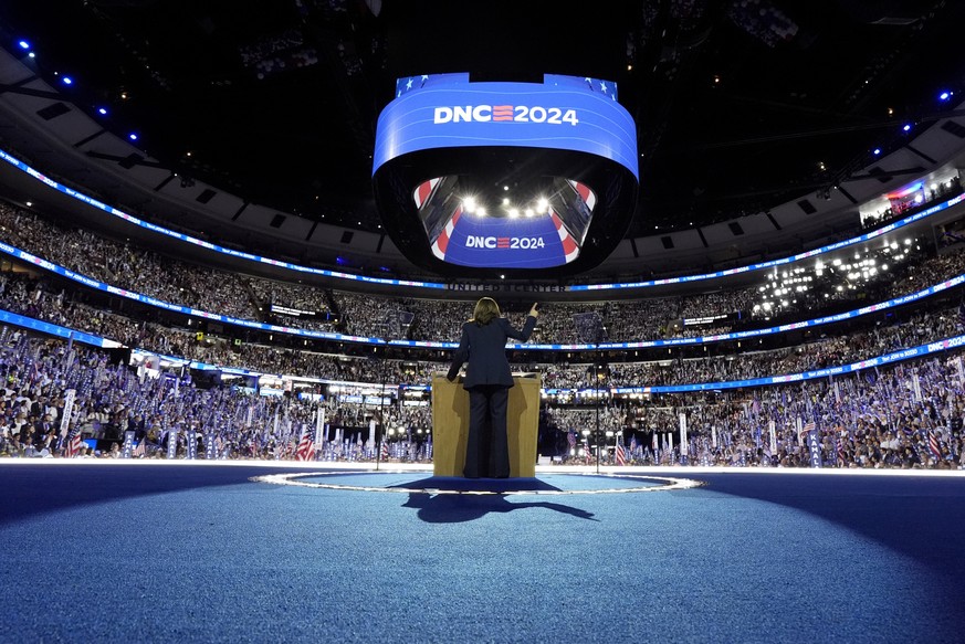 Democratic presidential nominee Vice President Kamala Harris arrives to speak on the final night of the Democratic National Convention in Chicago, Thursday, Aug. 22, 2024. (Kent Nishimura/The New York ...
